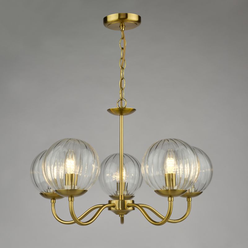 Dar-JOC0542 - Jocelyn - Natural Brass 5 Light Centre Fitting with Clear Ribbed Glass