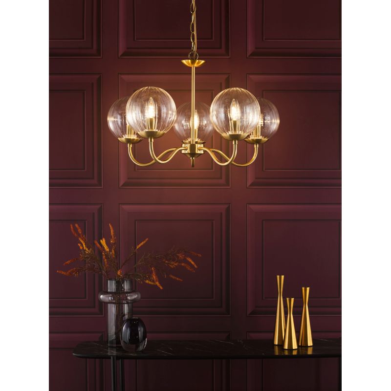 Dar-JOC0542 - Jocelyn - Natural Brass 5 Light Centre Fitting with Clear Ribbed Glass