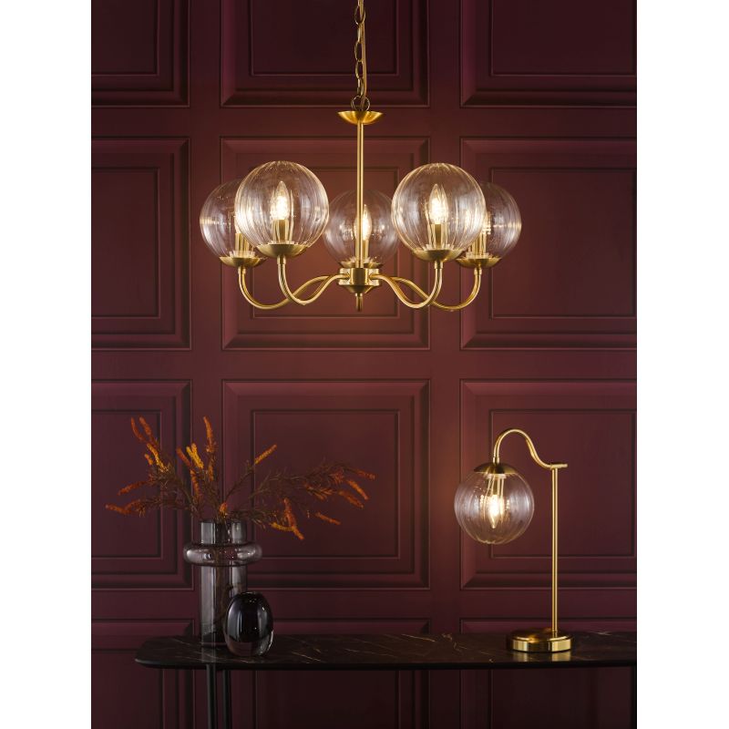 Dar-JOC0542 - Jocelyn - Natural Brass 5 Light Centre Fitting with Clear Ribbed Glass