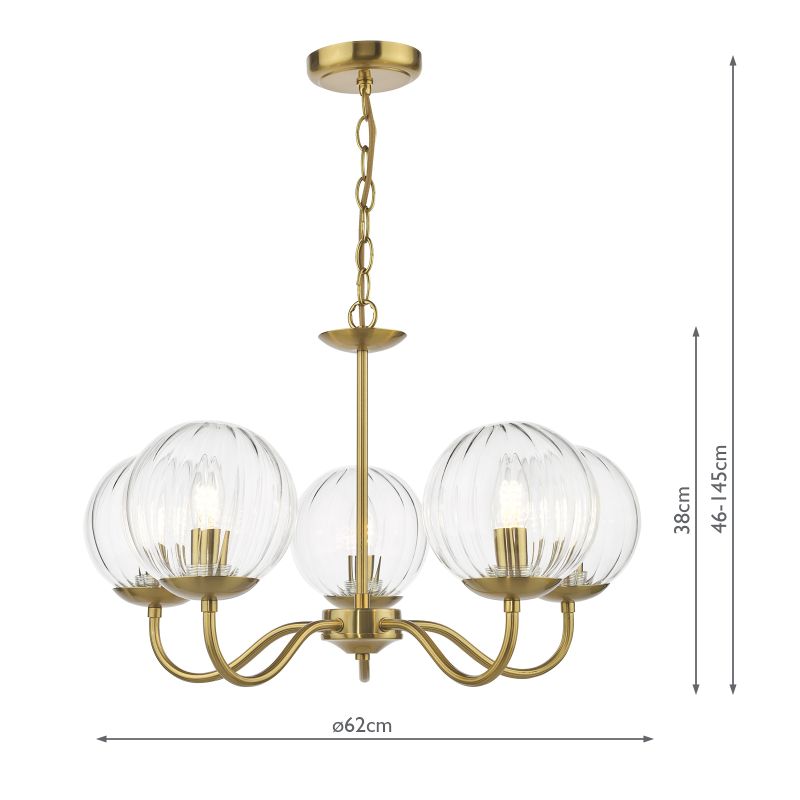 Dar-JOC0542 - Jocelyn - Natural Brass 5 Light Centre Fitting with Clear Ribbed Glass