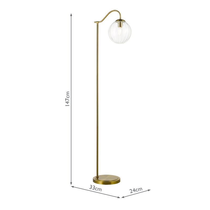 Dar-JOC4942 - Jocelyn - Natural Brass Floor Lamp with Clear Ribbed Glass