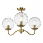 Jocelyn - Natural Brass 3 Light Semi Flush with Clear Ribbed Glass