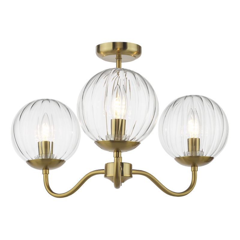 Dar-JOC5342 - Jocelyn - Natural Brass 3 Light Semi Flush with Clear Ribbed Glass