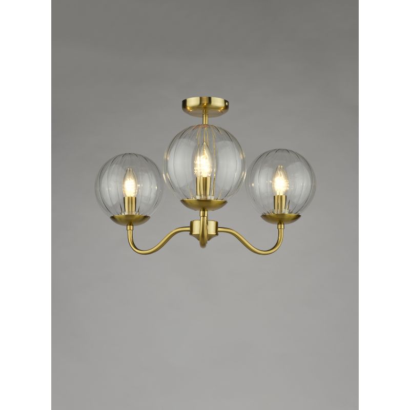 Dar-JOC5342 - Jocelyn - Natural Brass 3 Light Semi Flush with Clear Ribbed Glass