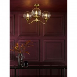 Jocelyn - Natural Brass 3 Light Semi Flush with Clear Ribbed Glass