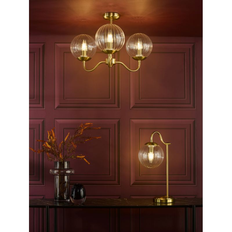 Dar-JOC5342 - Jocelyn - Natural Brass 3 Light Semi Flush with Clear Ribbed Glass