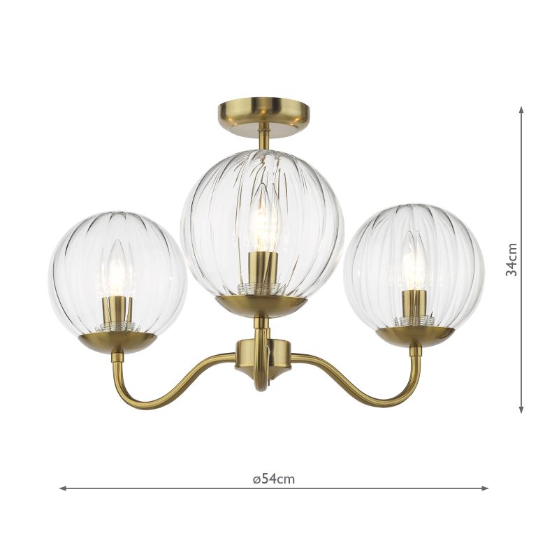 Dar-JOC5342 - Jocelyn - Natural Brass 3 Light Semi Flush with Clear Ribbed Glass
