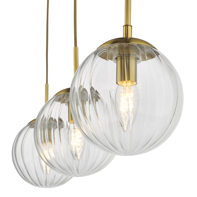 Dar-JOC6242 - Jocelyn - Natural Brass 3 Light over Island Fitting with Clear Ribbed Glass