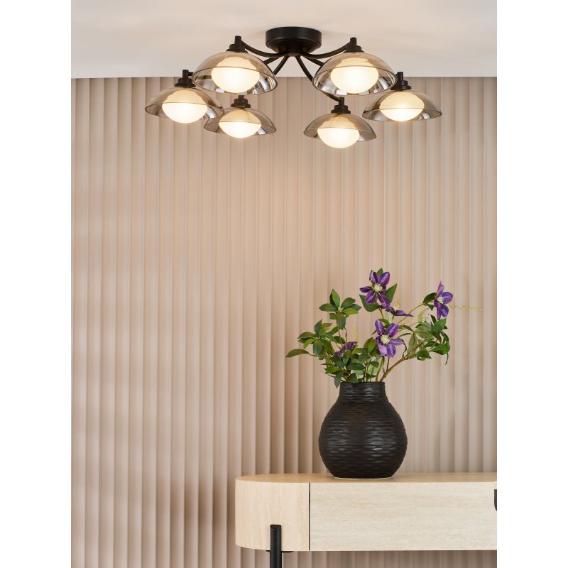 Dar_Vol3-KAD0622 - Kadience - Satin Black 6 Light Semi Flush with Smoked & White Glass
