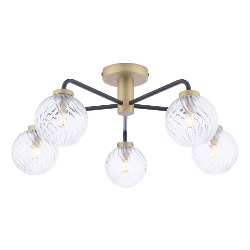Dar_Vol3-LAI5454-03 - Lainey - Antique Brass & Black 5 Light Semi Flush with Twisted Clear Glasses