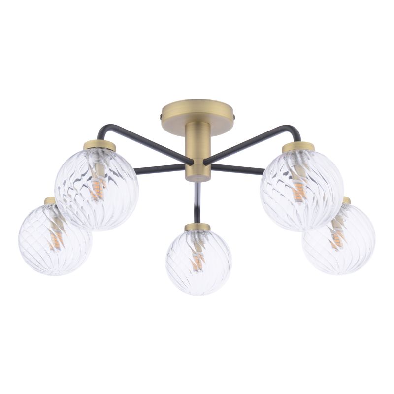 Dar_Vol3-LAI5454-03 - Lainey - Antique Brass & Black 5 Light Semi Flush with Twisted Clear Glasses