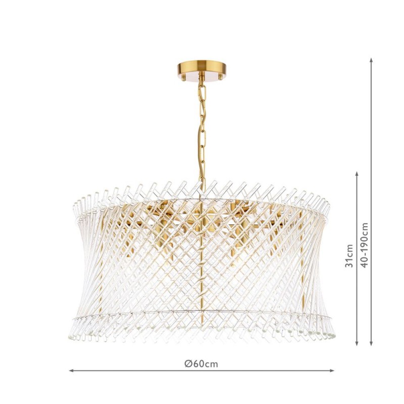 Dar-LOI0635 - Loire - Natural Brass 6 Light Centre Fitting with Clear Glass Rods