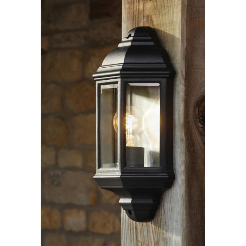Dar-NEL2122 - Nelson - Traditional Matt Black Half Wall Lamp with Clear Glass IP44