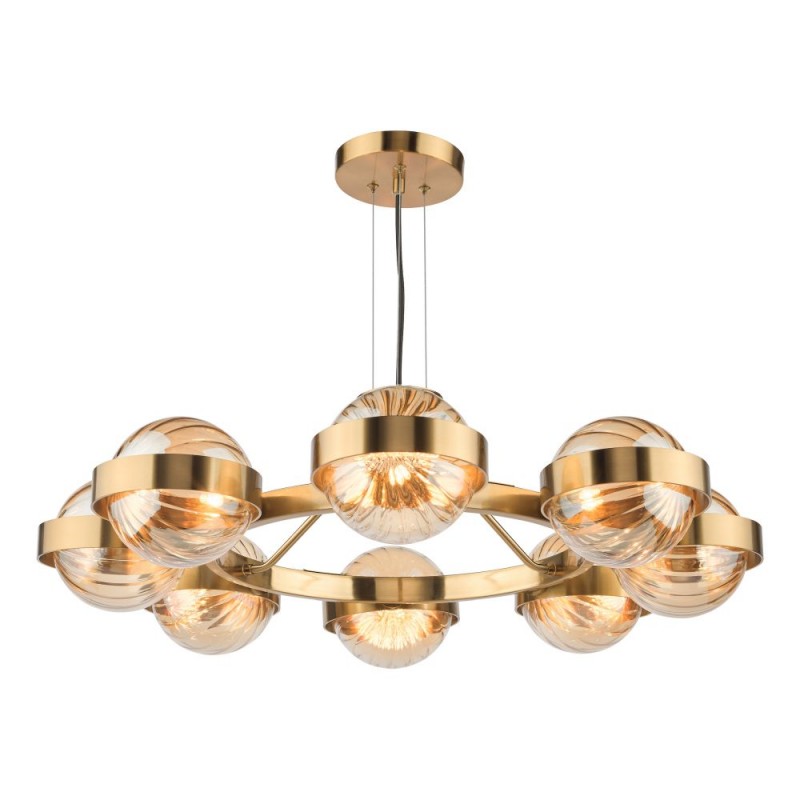 Dar-OPH0835 - Ophira - Antique Gold 8 Light Centre Fitting with Amber Ribbed Glass