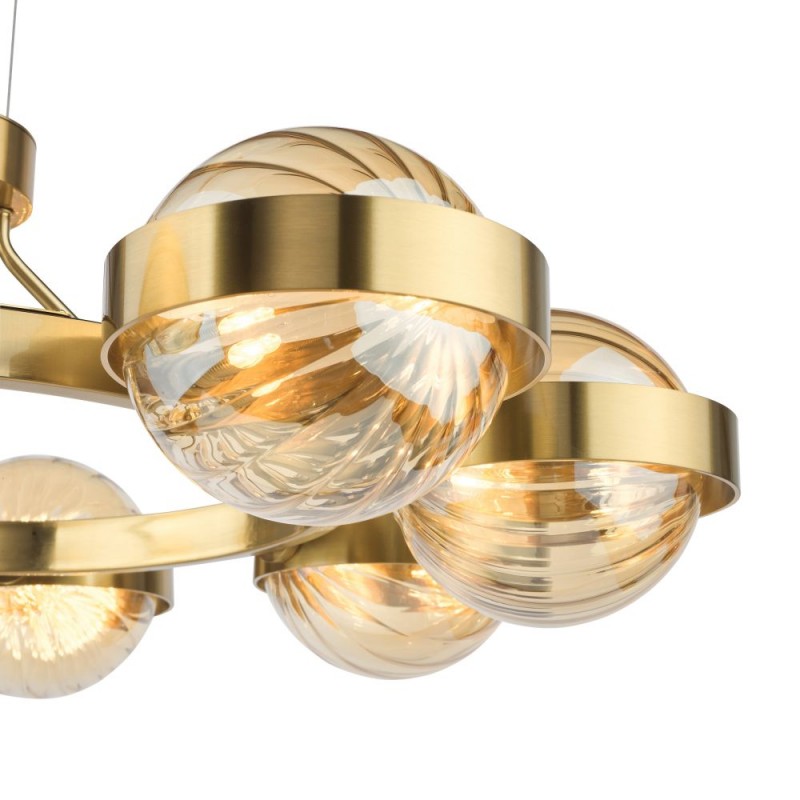 Dar-OPH0835 - Ophira - Antique Gold 8 Light Centre Fitting with Amber Ribbed Glass