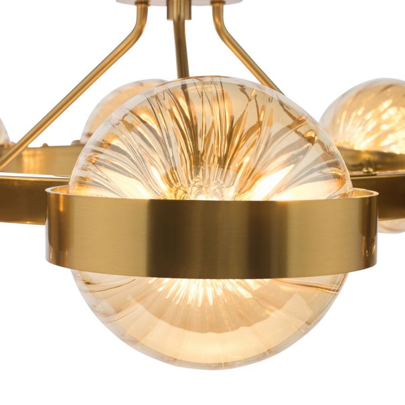 Dar-OPH0835 - Ophira - Antique Gold 8 Light Centre Fitting with Amber Ribbed Glass