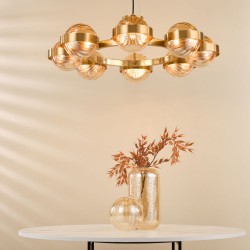 Ophira - Antique Gold 8 Light Centre Fitting with Amber Ribbed Glass