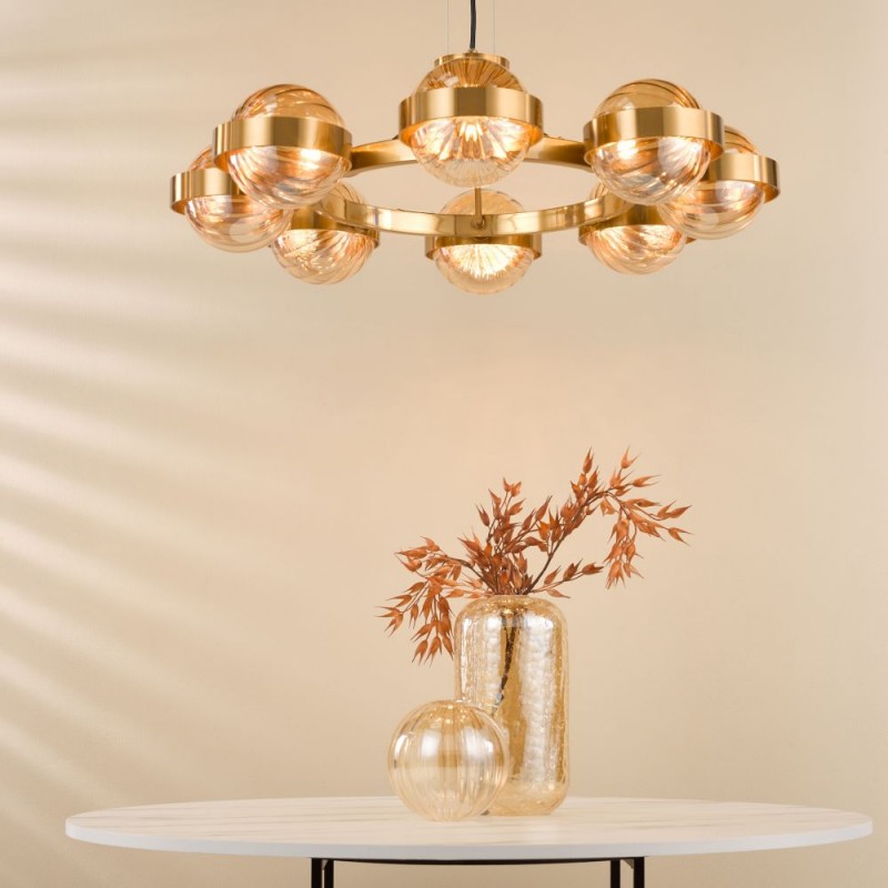 Dar-OPH0835 - Ophira - Antique Gold 8 Light Centre Fitting with Amber Ribbed Glass