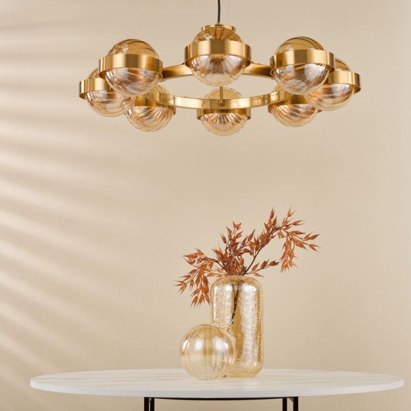 Dar-OPH0835 - Ophira - Antique Gold 8 Light Centre Fitting with Amber Ribbed Glass