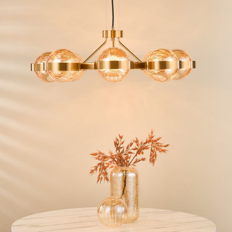 Dar-OPH0835 - Ophira - Antique Gold 8 Light Centre Fitting with Amber Ribbed Glass