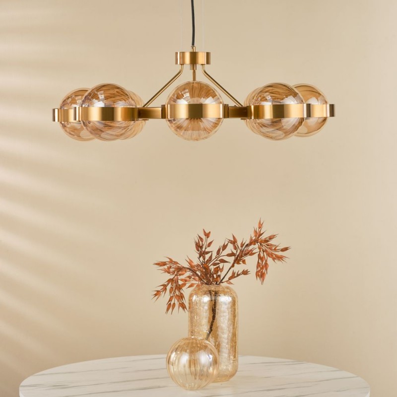 Dar-OPH0835 - Ophira - Antique Gold 8 Light Centre Fitting with Amber Ribbed Glass