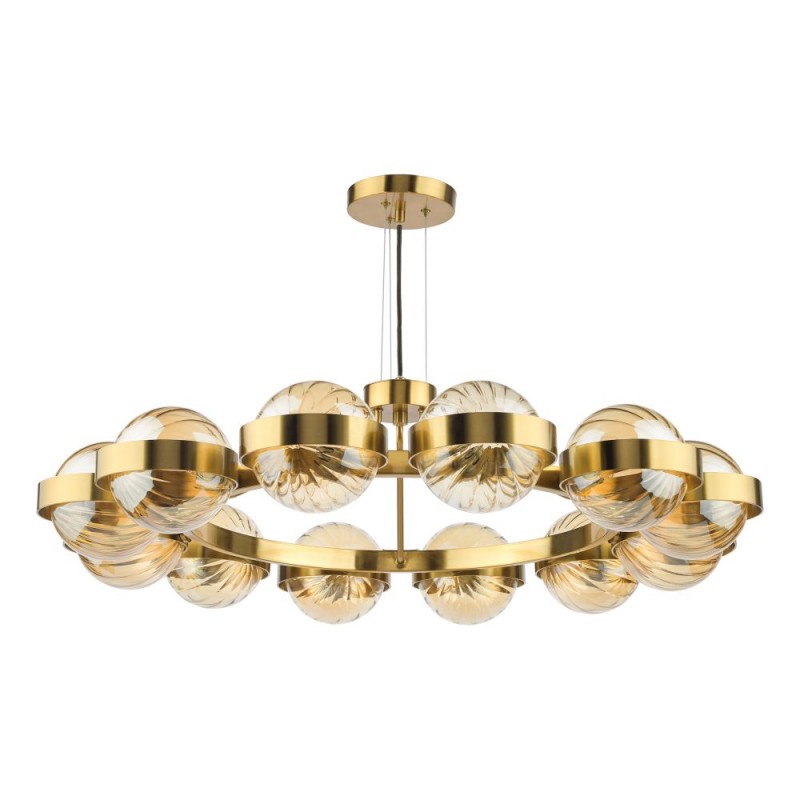 Dar-OPH1235 - Ophira - Antique Gold 12 Light Centre Fitting with Amber Ribbed Glass