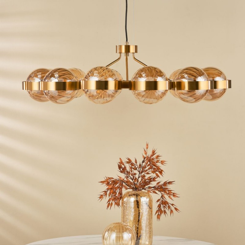 Dar-OPH1235 - Ophira - Antique Gold 12 Light Centre Fitting with Amber Ribbed Glass
