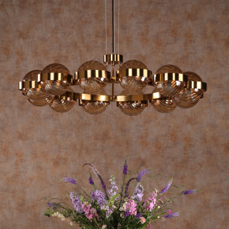 Dar-OPH1235 - Ophira - Antique Gold 12 Light Centre Fitting with Amber Ribbed Glass