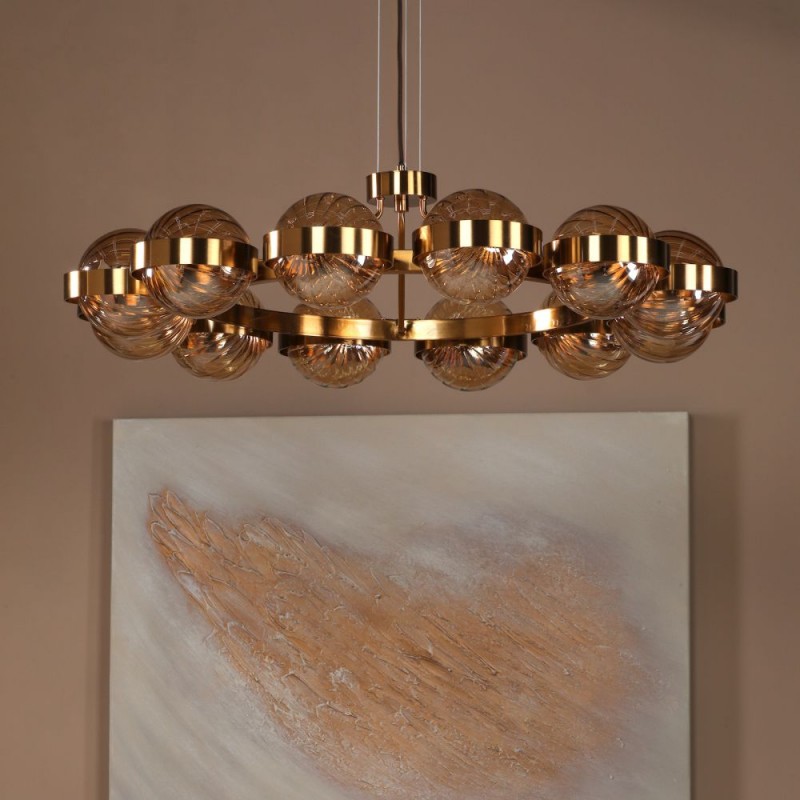 Dar-OPH1235 - Ophira - Antique Gold 12 Light Centre Fitting with Amber Ribbed Glass
