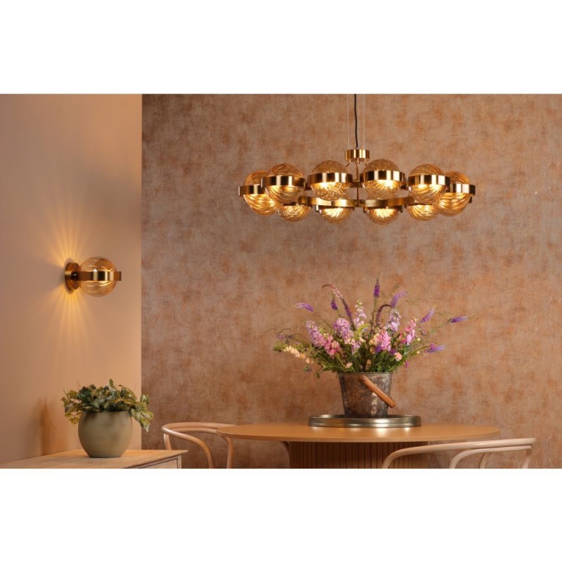 Dar-OPH1235 - Ophira - Antique Gold 12 Light Centre Fitting with Amber Ribbed Glass