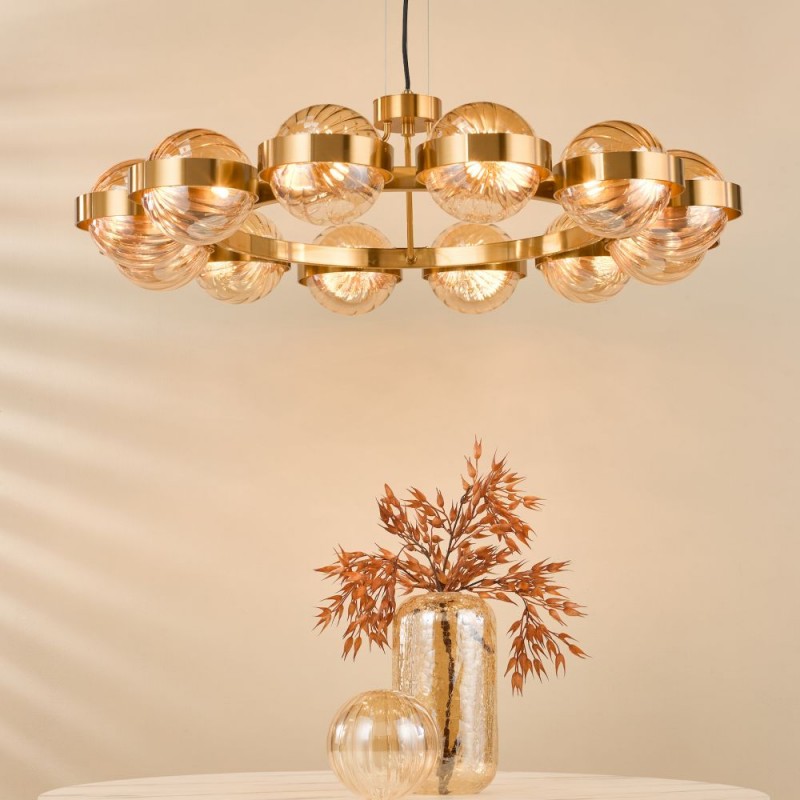 Dar-OPH1235 - Ophira - Antique Gold 12 Light Centre Fitting with Amber Ribbed Glass
