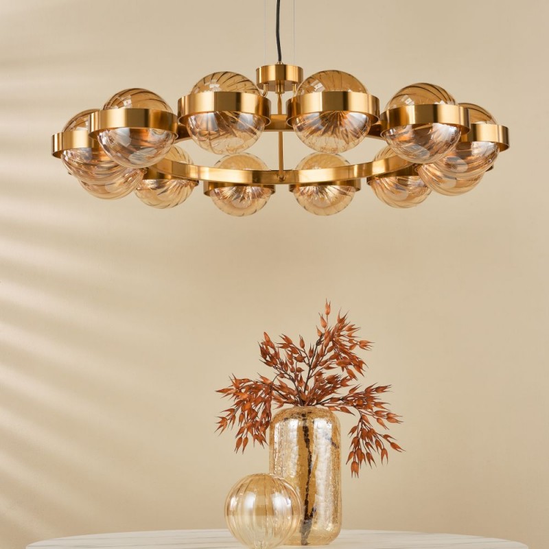 Dar-OPH1235 - Ophira - Antique Gold 12 Light Centre Fitting with Amber Ribbed Glass