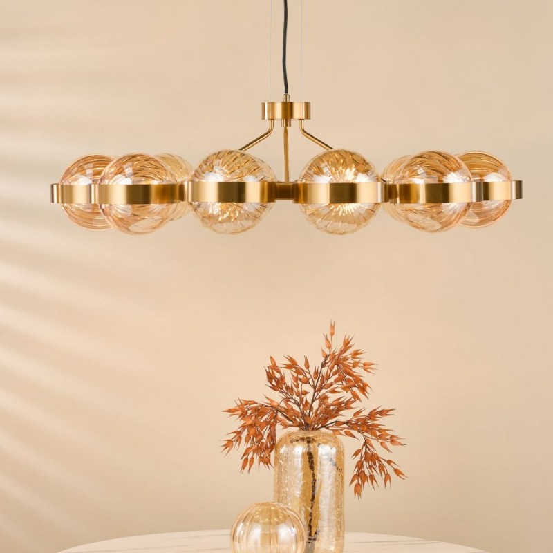 Dar-OPH1235 - Ophira - Antique Gold 12 Light Centre Fitting with Amber Ribbed Glass