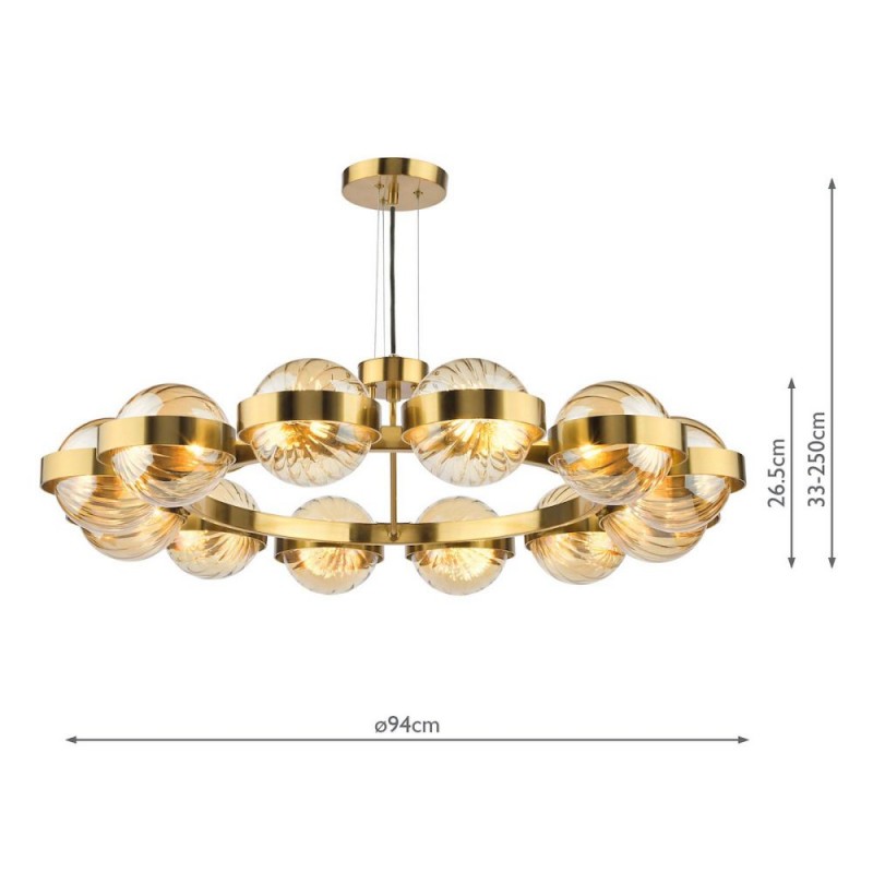 Dar-OPH1235 - Ophira - Antique Gold 12 Light Centre Fitting with Amber Ribbed Glass