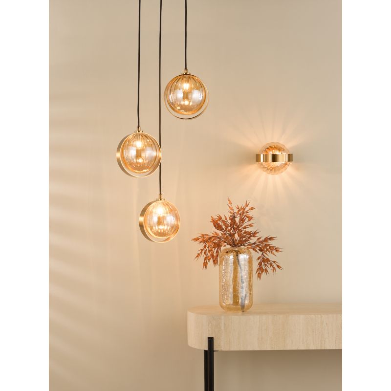 Dar-OPH0335 - Ophira - Antique Gold 3 Light Cluster Pendant with Amber Ribbed Glass