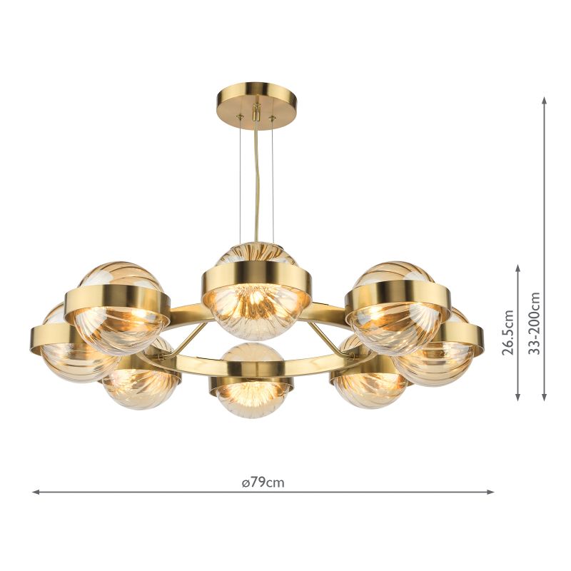 Dar-OPH0835 - Ophira - Antique Gold 8 Light Centre Fitting with Amber Ribbed Glass