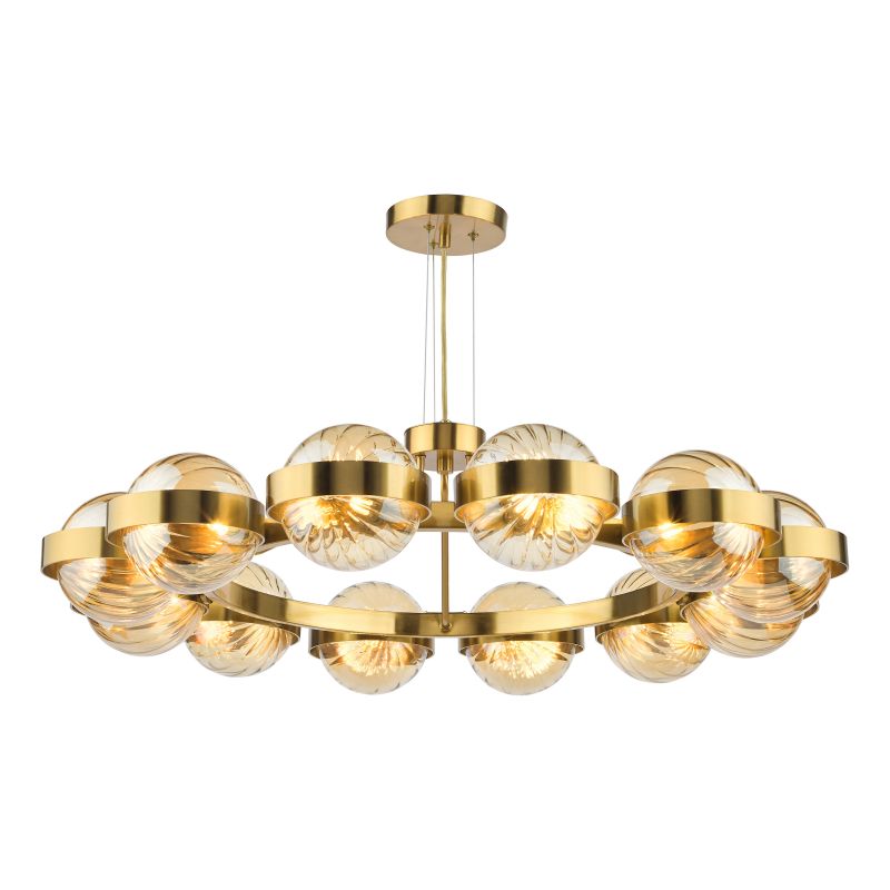 Dar-OPH1235 - Ophira - Antique Gold 12 Light Centre Fitting with Amber Ribbed Glass