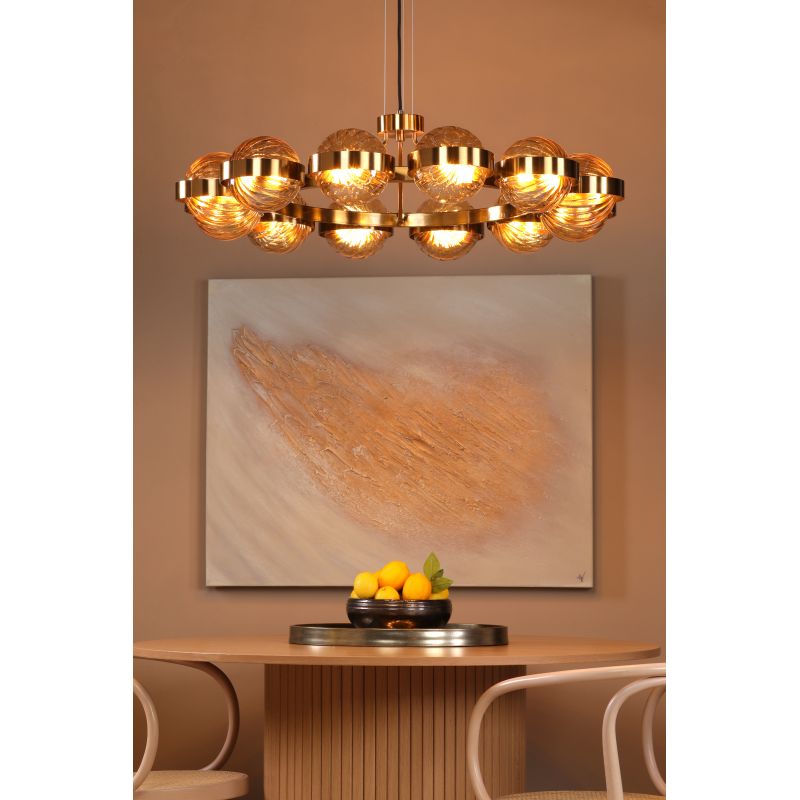 Dar-OPH1235 - Ophira - Antique Gold 12 Light Centre Fitting with Amber Ribbed Glass