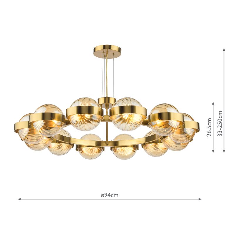 Dar-OPH1235 - Ophira - Antique Gold 12 Light Centre Fitting with Amber Ribbed Glass