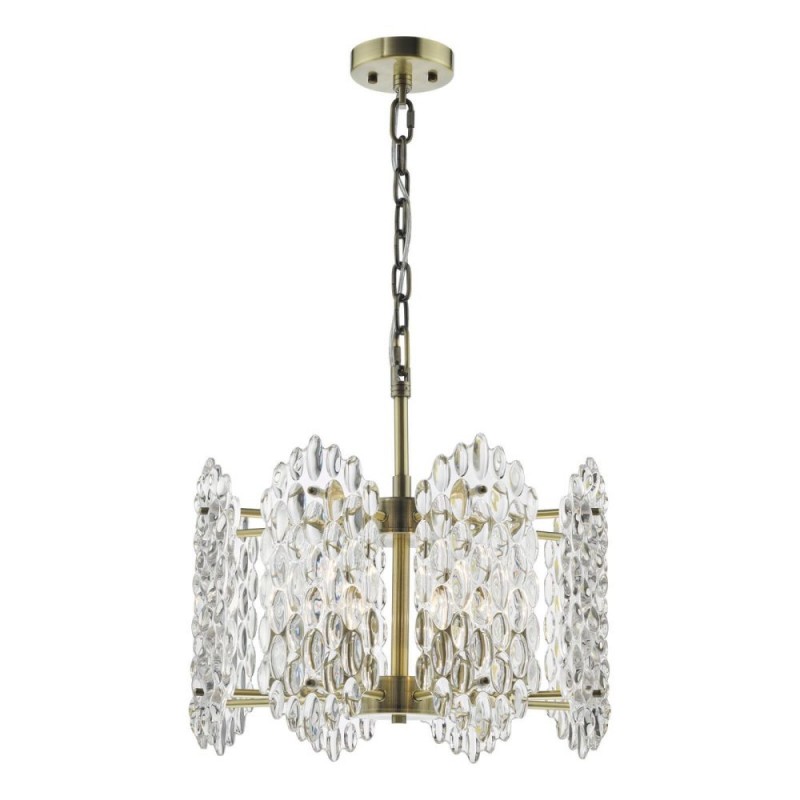 Dar-POR0875 - Porthos - Antique Brass 8 Light Centre Fitting with Decorative Glass