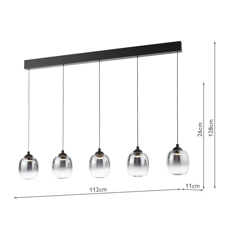 Dar-RAM0522 - Ramona - Matt Black 5 Light LED over Island Fitting with Smoked Ombre Glass