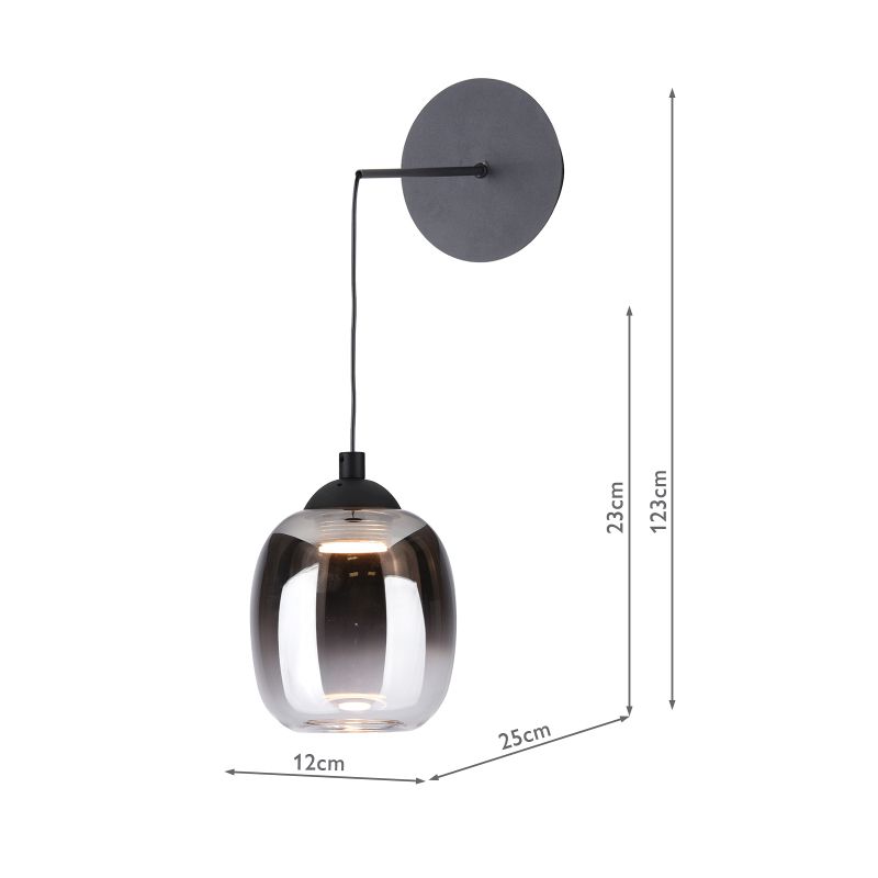 Dar-RAM0722 - Ramona - Matt Black LED Pendant or Wall Lamp with Smoked Ombre Glass