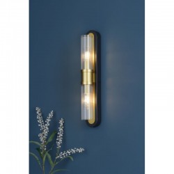 Rhian - Black & Gold 2 Light Wall Lamp with Ribbed Clear Glass