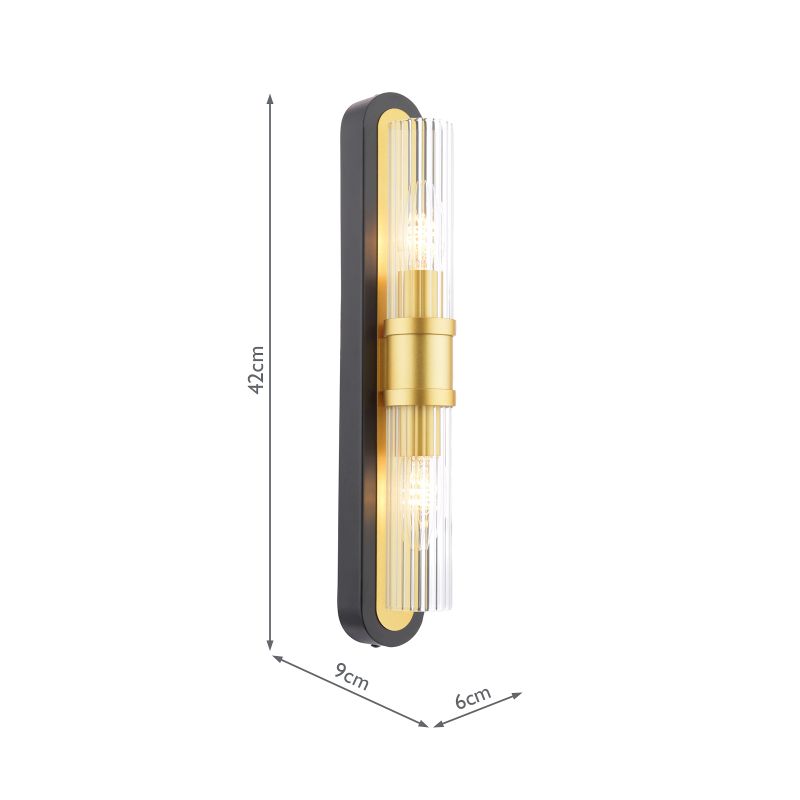 Dar_Vol3-RHI0954 - Rhian - Black & Gold 2 Light Wall Lamp with Ribbed Clear Glass