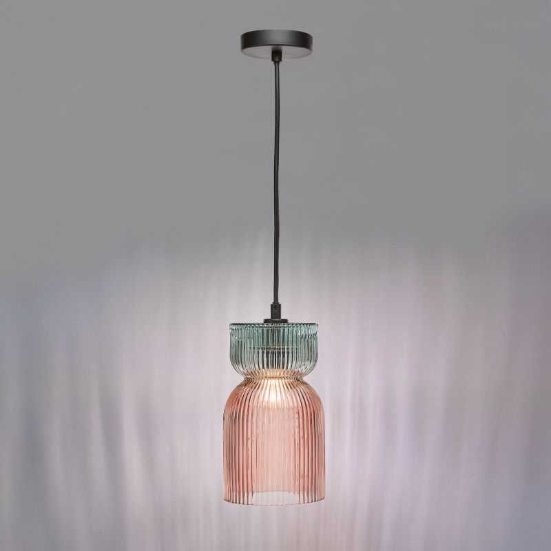 Dar-RHU0103 - Rhubarb - Black Pendant with Pink & Green Ribbed Glass