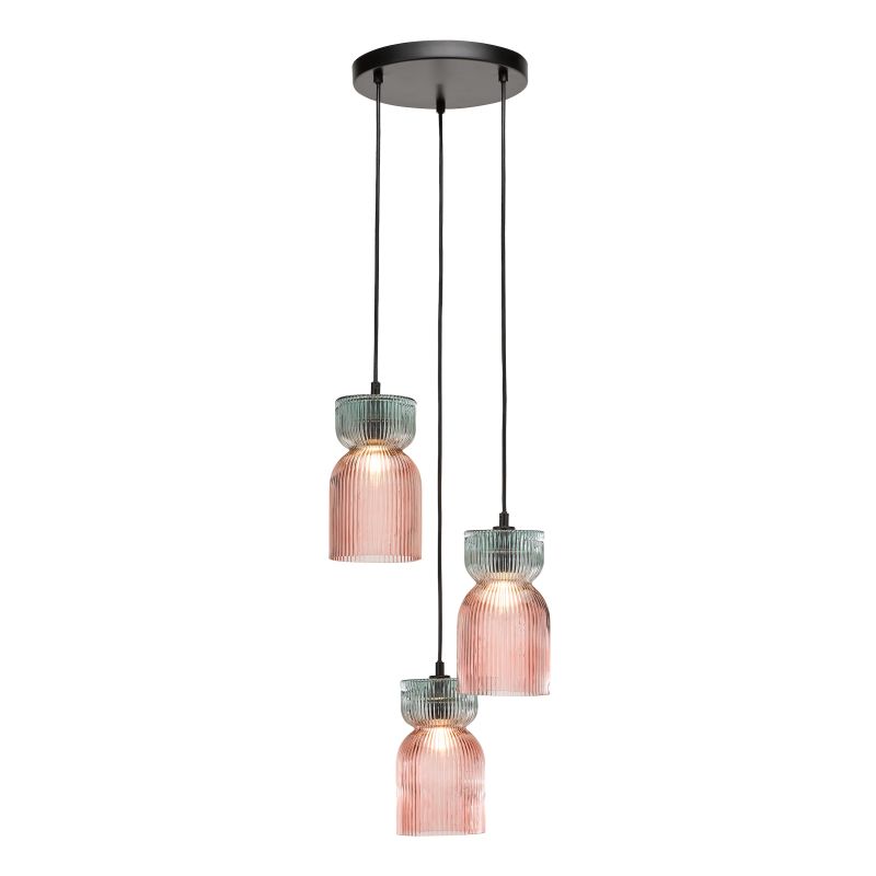 Dar-RHU0303 - Rhubarb - Black 3 Light Cluster Fitting with Pink & Green Ribbed Glass