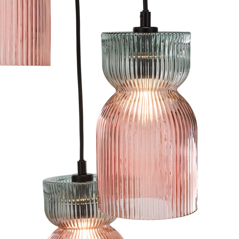 Dar-RHU0303 - Rhubarb - Black 3 Light Cluster Fitting with Pink & Green Ribbed Glass