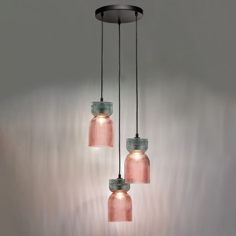 Dar-RHU0303 - Rhubarb - Black 3 Light Cluster Fitting with Pink & Green Ribbed Glass