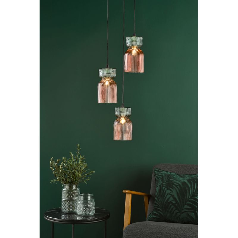 Dar-RHU0303 - Rhubarb - Black 3 Light Cluster Fitting with Pink & Green Ribbed Glass