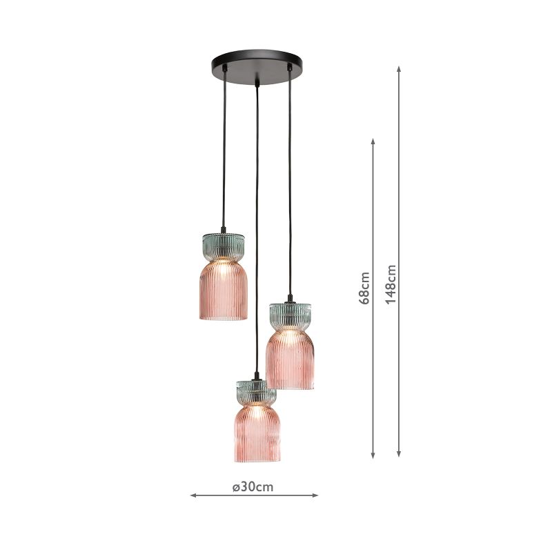 Dar-RHU0303 - Rhubarb - Black 3 Light Cluster Fitting with Pink & Green Ribbed Glass